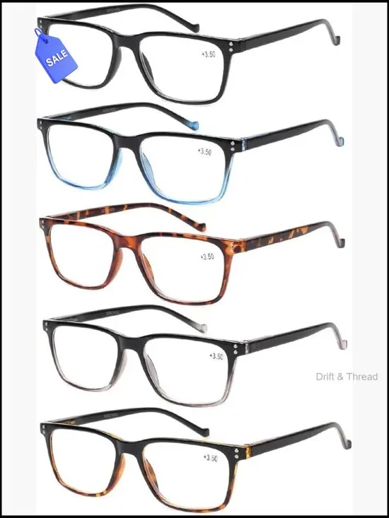 5 Pack Reading Glasses Spring Hinge Rectangular Full Rim Plastic