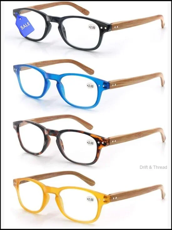 4 Pack Reading Glasses 1.5 Fashion Wood-Look Spring Hinges Stylish Readers