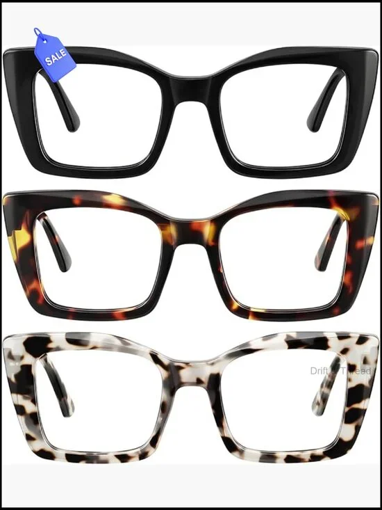 Oversized Square Blue Light Blocking Reading Glasses 3-Pack Spring Hinge