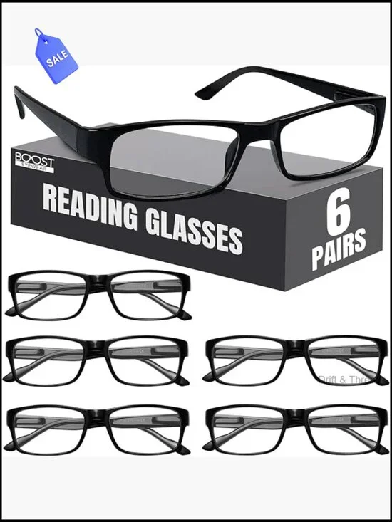 6 Pairs Black Reading Glasses with Spring Hinges