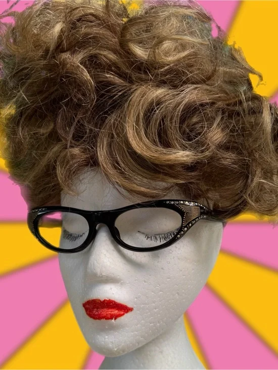 Exquisite French Black Cat-Eye Eyeglass Frames w/Aurora B. Rhinestone Accents