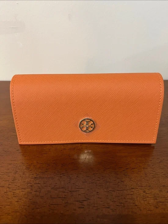 Tory Burch Bright Orange Saffiano Continental Glasses Case with Logo