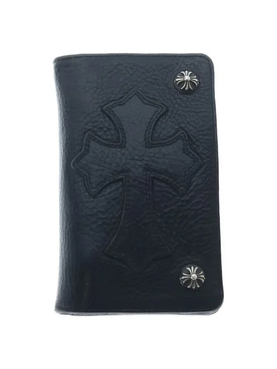 Chrome Hearts Cross Patch 1 Zip Ball Button Leather Wallet Black