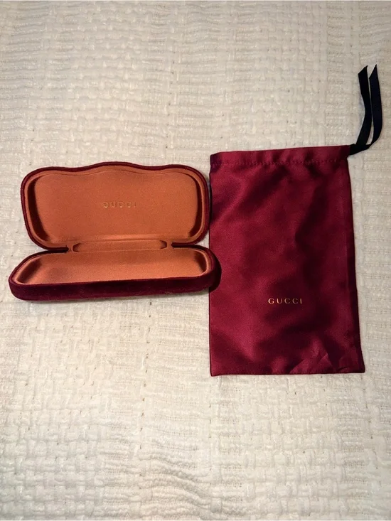 Gucci Burgundy Velvet Eyewear Case and Satin Drawstring Pouch