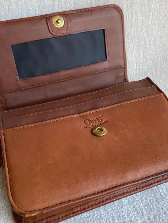Orvis Genuine Leather Cognac Belt Loop Bag Wallet Phone Holder Clutch Crossbody