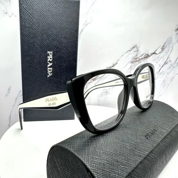 New PRADA Eyeglasses Cat Eye Black White Gold 53-17-140 Womens