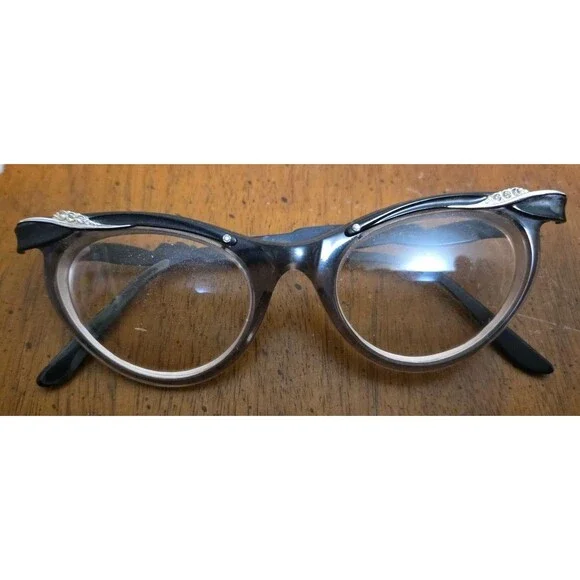 American Optical 1960s Aluminum Frame Cat Eye Glasses Brown Tan Rhinestone Vntg