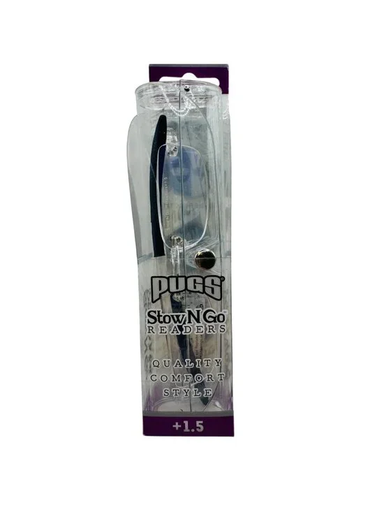 Pugs Stow N Go BLACK Readers +1.5 With Ultra-Lite Rimless Design & Protective Ca