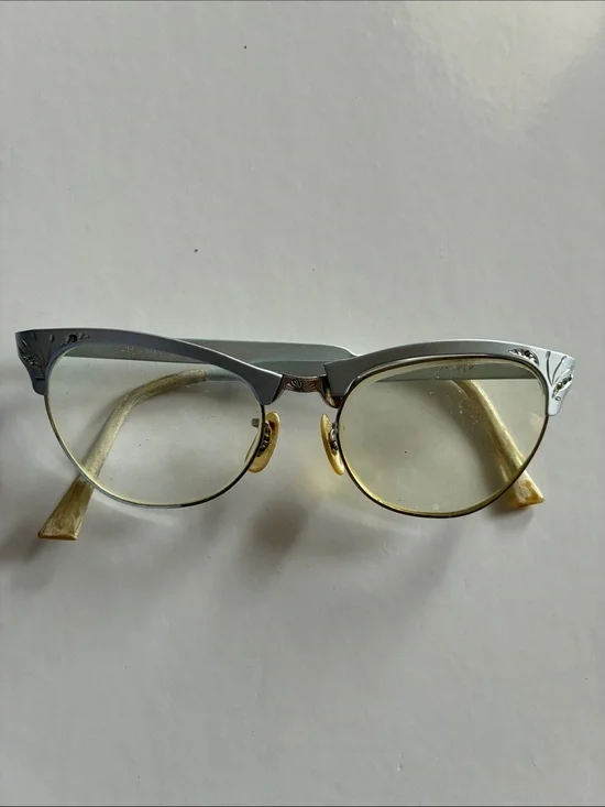Vintage 1950’s Silver and Gold Cat Eye Aluminum Glasses with Floral Engraving
