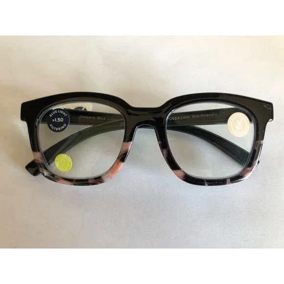 New To The max Black & Pink Marble Peepers Blue Light Block Glasses +1.50