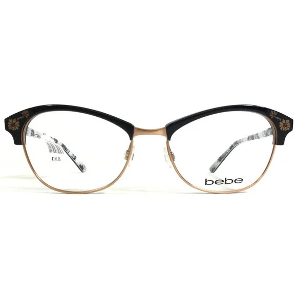 Bebe Eyeglasses Frames BB5162 001 Black White Gold Full Rim Floral 53-17-135