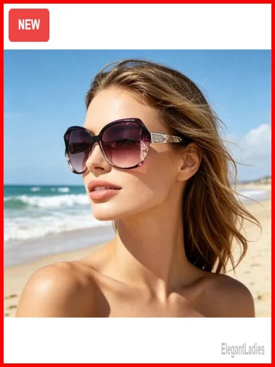Retro Large Frame Glasses with Sparkling Accents Purple Tinted Lenses