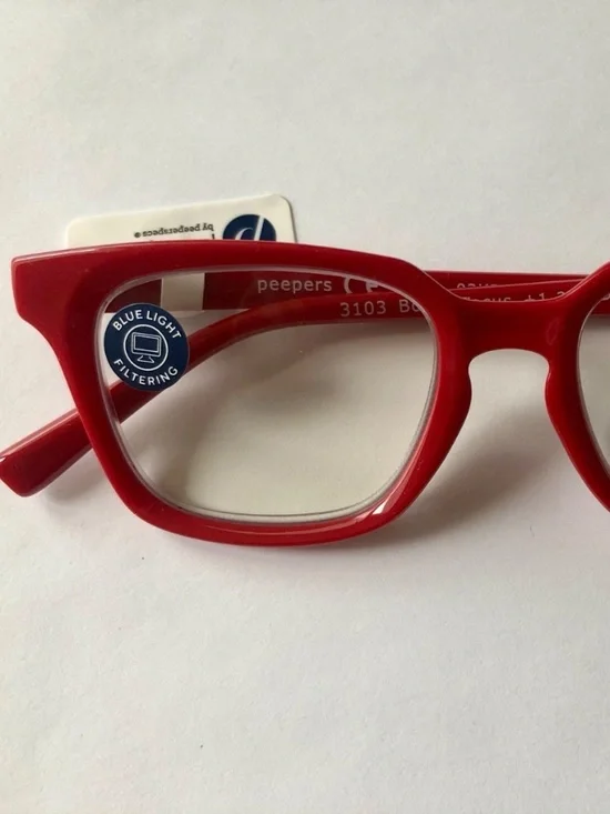 NEW RED BOWIE PEEPERS BLUE LIGHT READING GLASSES +1.25