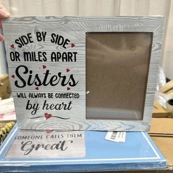 Sisters Photo Frame Side By Side Miles Apart‎ Connected By Heart Wood Look 5X7