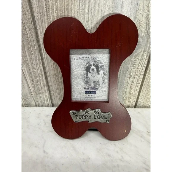 Weston Gallery Puppy Love Dog Bone Picture Frame Wood Pewter Plaque 2.5x3.5