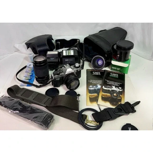 Canon AE-1 Program 35mm SLR Camera FD 50mm Lens 80-200mm Flash Kit Extras READ v