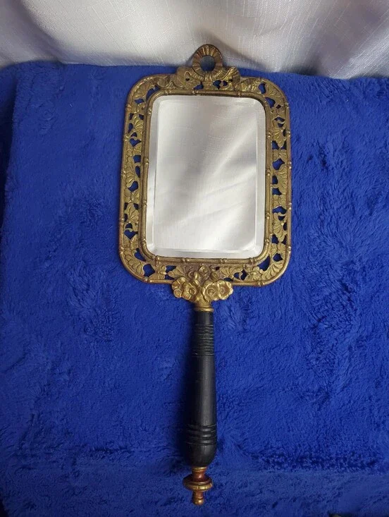 Antique TOWNSHEND 19th Century Ornate Brass Vanity Hand Mirror W/ Ebony Handle