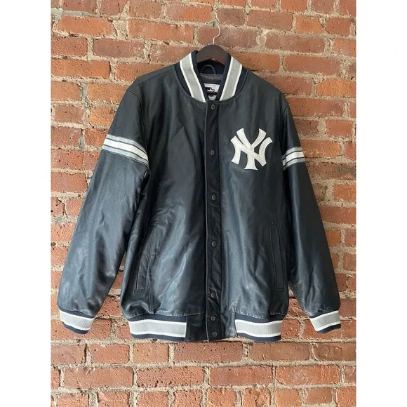 Vintage STARTER‎ New York Yankees Logo Genuine Leather Bomber Jacket Mens Large