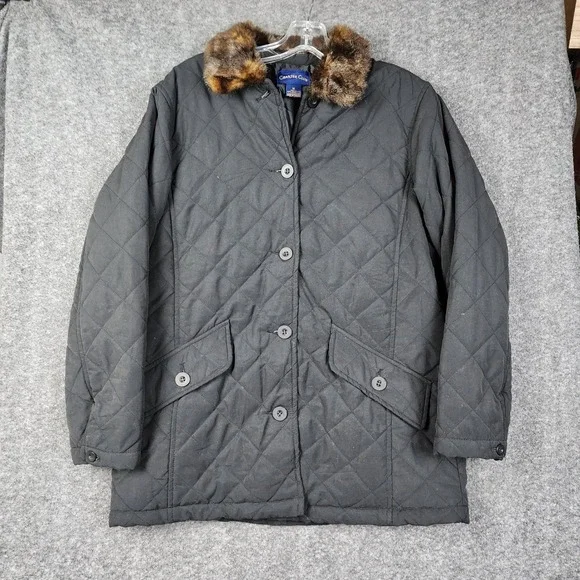 Charter Club Quilted Jacket Mens Medium Black Faux Fur Collar Barn Coat‎