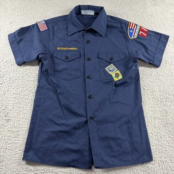 BSA Boy Scouts of America Shirt Youth Large Blue Short Sleeve Patches Made in US