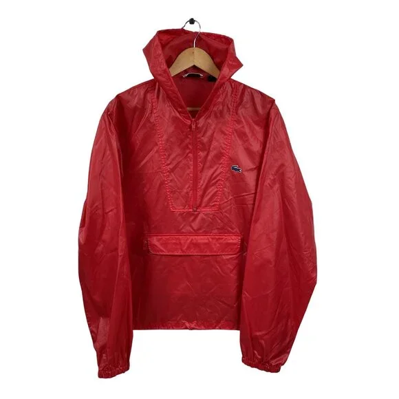 VTG Lacoste Izod Rain Poncho Mens Medium Red Hooded 1/4 Zip w/ Pocket‎