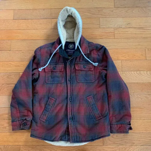 American Eagle Mens S Plaid Sherpa Lined‎ Full Button Jacket Hooded Y2K