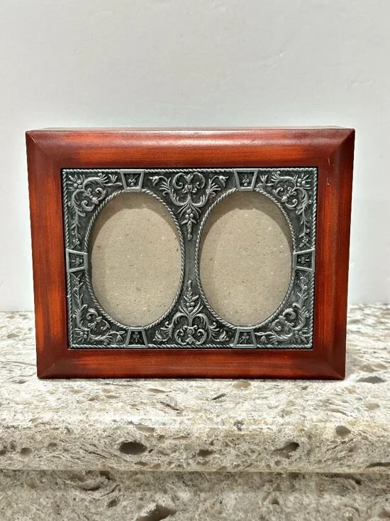 Wood Jewelry Keepsake Box with Ornate Pewter Double Oval Photo Frame Lid Vintage