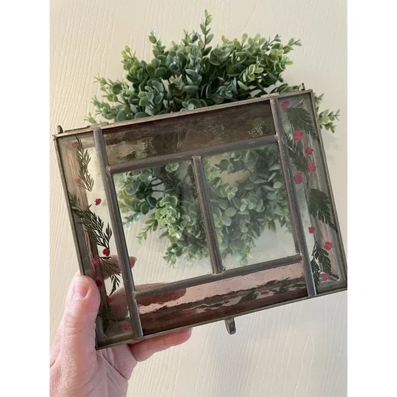 VTG Hinged Lid Glass Trinket Box Dried Flowers Double Picture Frame Cottagecore