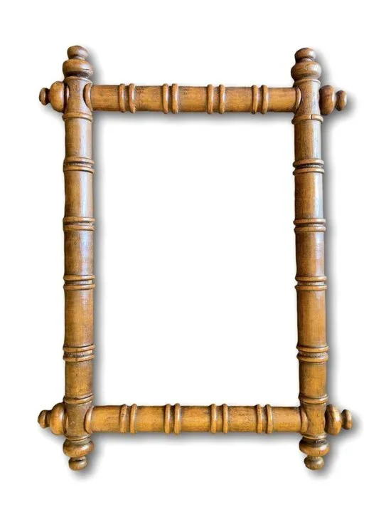 Antique French Faux Bamboo Wood Picture Frame Napoleon III Carved Corner Finial