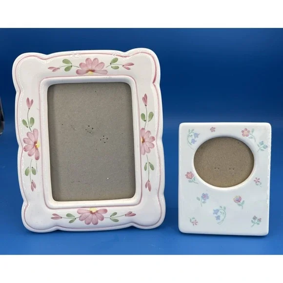 Vtg 2 Ceramic Picture Frames Pink Floral Tabletop Cottagecore Country Farm House