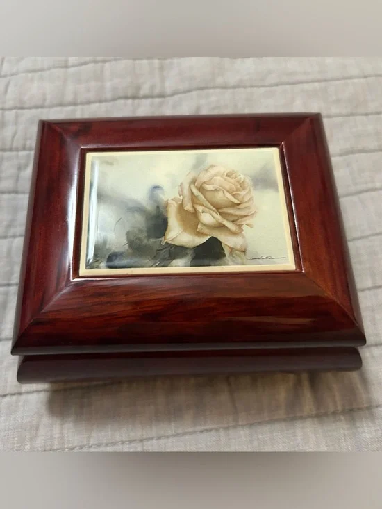 Wooden Jewelry Box with Rose Art - Cherry Finish