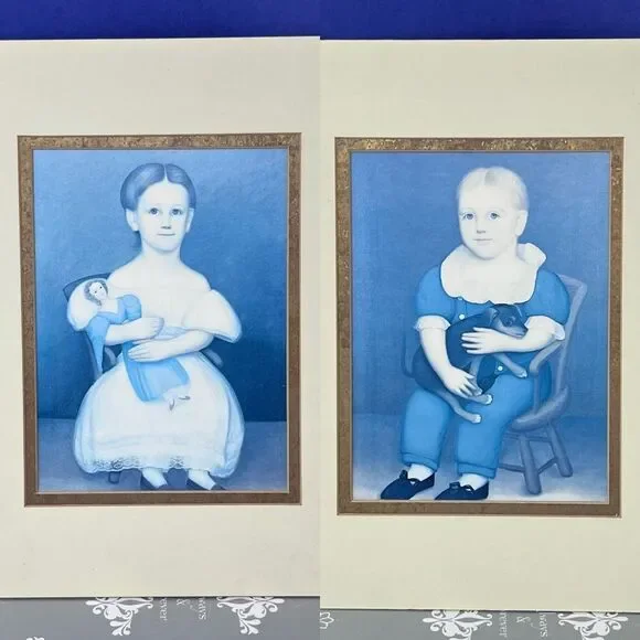 Folk Art Portrait Prints circa 1838 Boy w/ puppy Girl w/ doll 11x9 unframed