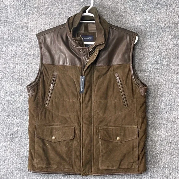 Cremieux‎ Mens XL Brown Genuine Leather Suede Mixed Media Vest Placket Hunting