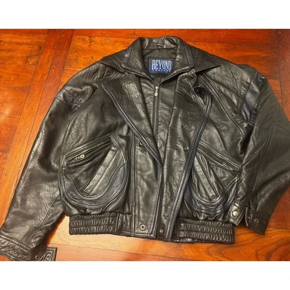 Beyond Leather Classic Bomber Motorcycle Black w/Blue Trim‎ Leather Jacket Large