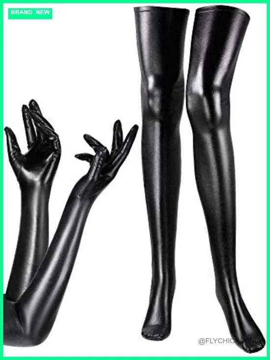 Women's Spandex Shiny Wet Look Long Gloves & Thigh High Stockings