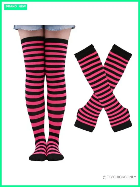 Striped Arm & Leg Warmers Set with Fingerless Gloves