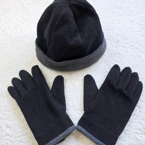 Womens Fleece Hat and Gloves Set Black Gray Winter‎ Warm Matching
