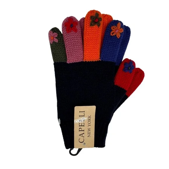 Capelli Navy Knit Womens Gloves Multi Color Floral Embroidered Stretch Cozy‎ NWT