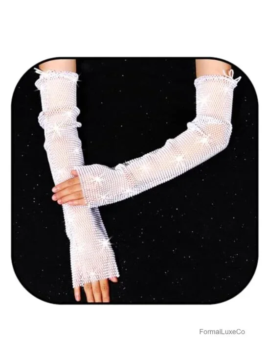Fishnet Fingerless Gloves with Rhinestones Rave Arm Sleeves Women