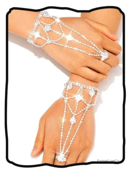 Rhinestone Fingerless Gloves with Extension Chain - Hand Jewelry for Women