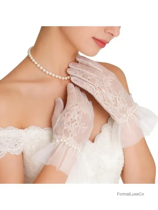 Short Lace Gloves Pearl Tulle Mesh Bridal Wedding Party Opera Gloves