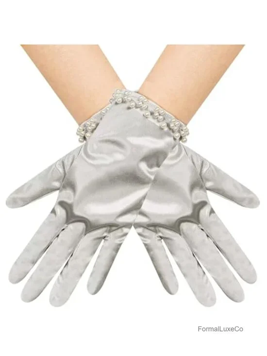 Pearl Short Satin Gloves Wrist Length Tea Party Wedding Gloves