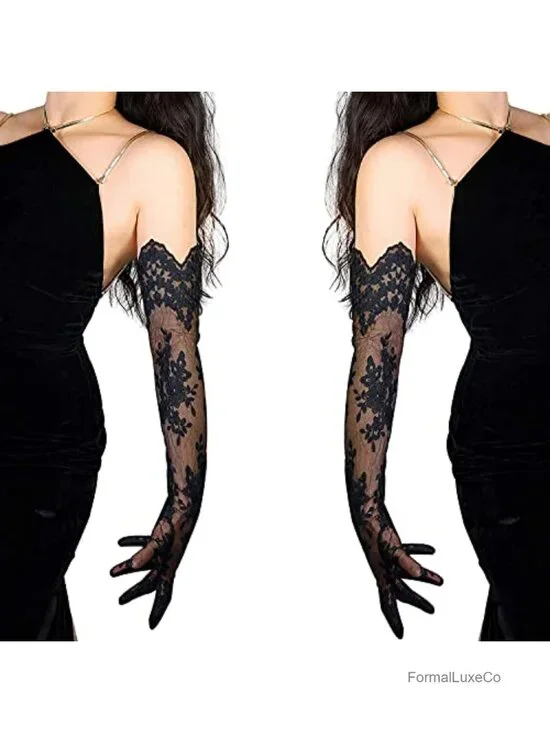 Women Lace Organza Wedding Gloves Sheer Floral Embroidered Opera Prom 25in