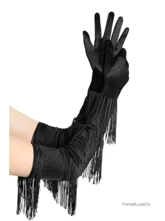Vintage Satin Fringe Opera Party Gloves - 21.6