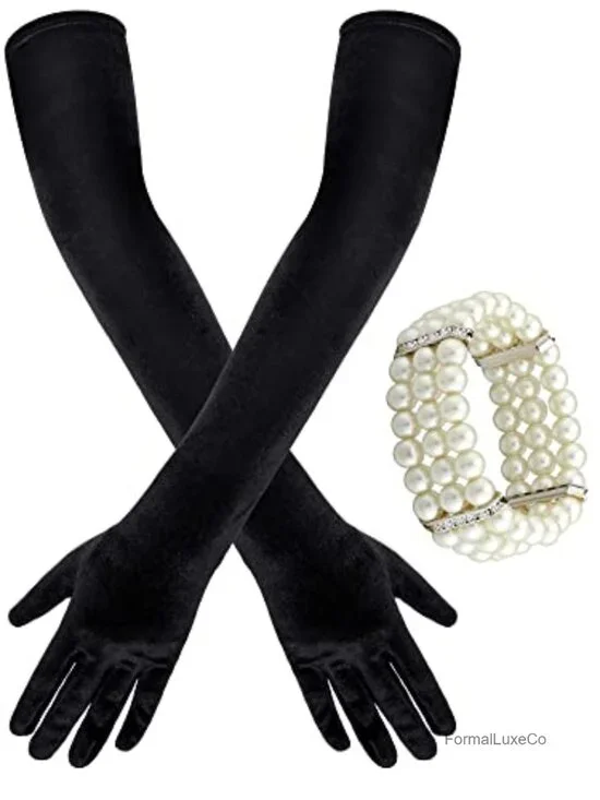 Velvet Opera Gloves and Pearl Bracelet Set for Women Evening Party
