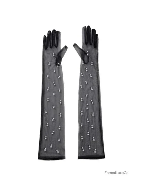 Sheer Tulle Long Gloves with Pearl Beads for Wedding Bridal 1920s Dance