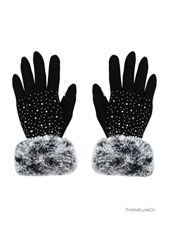 Rhinestone Touchscreen Fleece Lined Winter Gloves with Faux Fur Cuffs