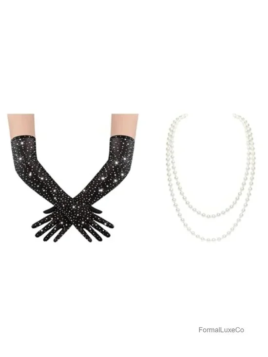 Long Rhinestone Tulle Sheer Sparkly Elbow Length Gloves & Faux Pearls Necklace