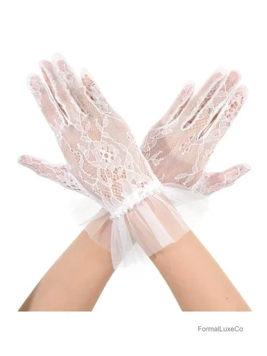 Short Lace Gloves with Pearls, Vintage Tulle Mesh Bridal Gloves for Wedding Tea