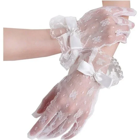 Women's White#1 Evening Short Bow Pearls Lace Ruffle Gloves Wedding Party Prom